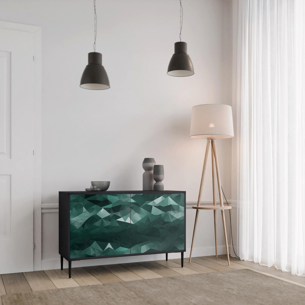 SIDEBOARD POLYGONAL FLOATING, Eicheneffekt, 111x42x77,5 cm, 2 Türen - Eichefarben/Buchefarben, Holzwerkstoff/Buchenholz (111/77.5/42cm) - SpaceRebels