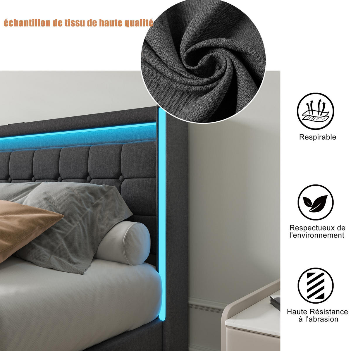 POLSTERBETT 140x200 cm Lumina Smart mit 3-Zonen RGB-LED, USB & USB-C, 4 Schubladen, Leinen-Optik, Dunkelgrau - Grau, Textil (140/200cm) - DELFA