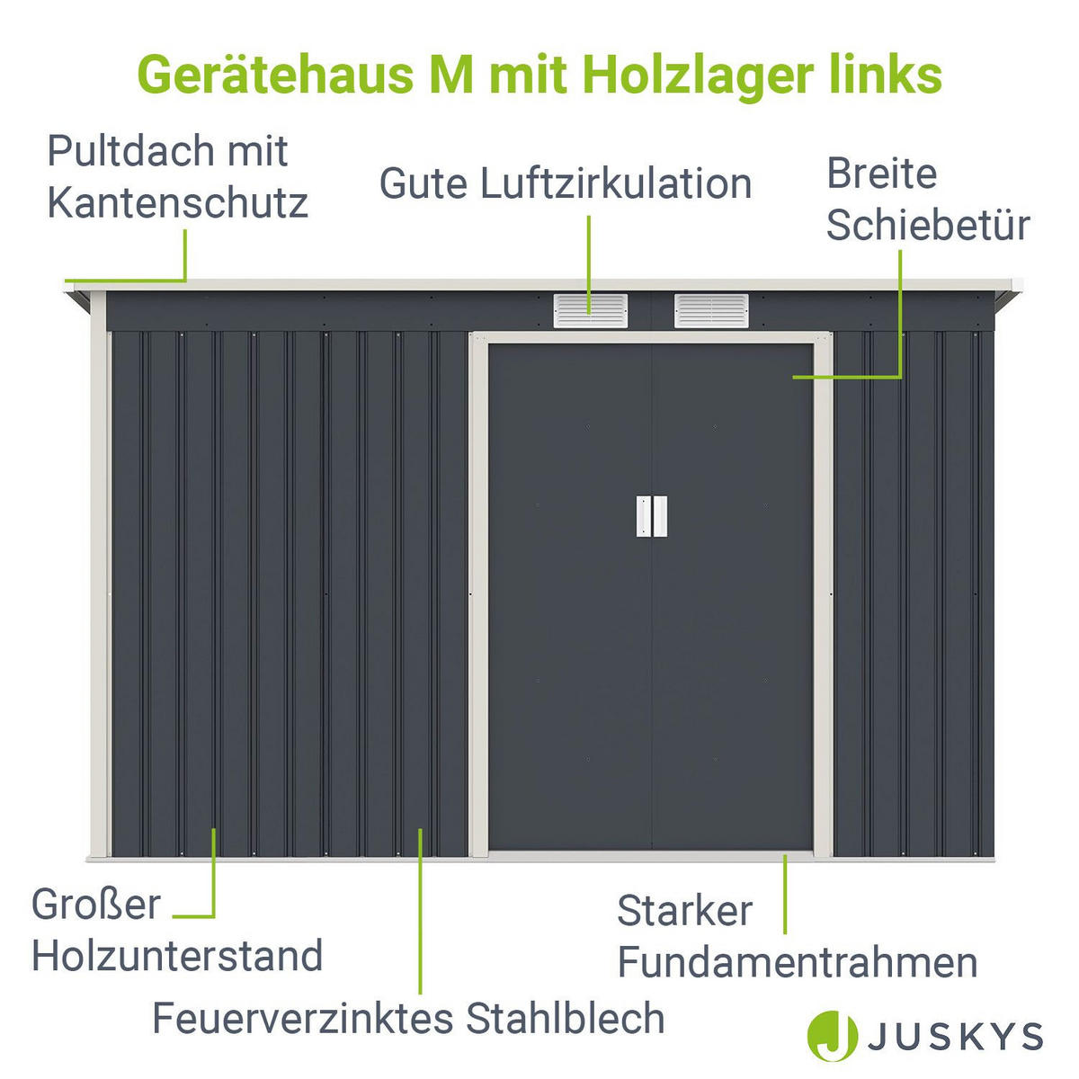 GERÄTESCHUPPEN M mit Holzunterstand links - Anthrazit, Metall (213/173/130cm) - Juskys