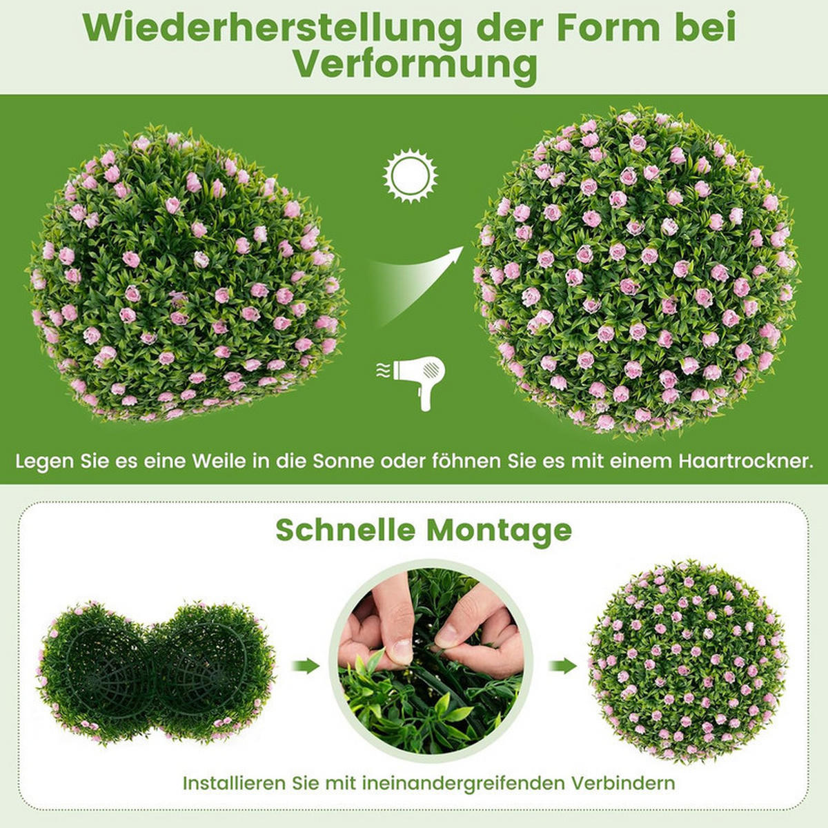 BUCHSBAUMKUGEL mit rosa Blumen grün(2er-Set) - Grün, Kunststoff (37cm) - COSTWAY