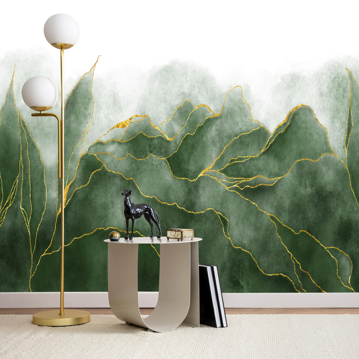 FOTOTAPETE für Schlafzimmer Abstrakte Grüne Aqwarell Blätter Glamour 200x140 - Gelb/Grau, Papier (200/140cm) - Muralo