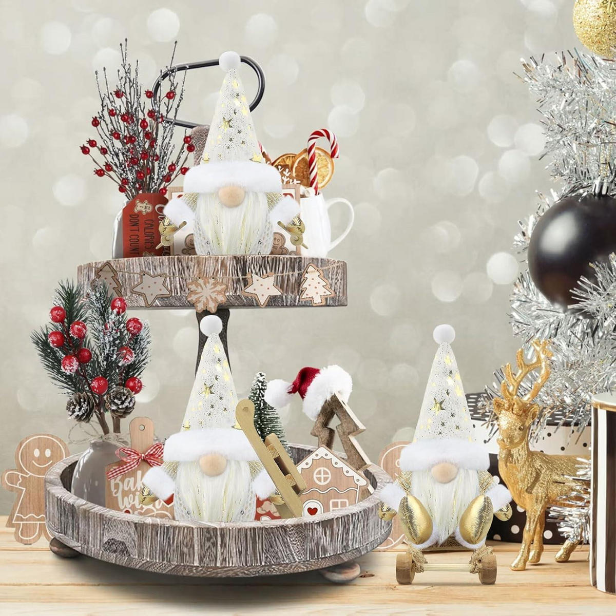 WEIHNACHTSWICHTEL Figuren 3er Set Weiß/Gold - Weiß, Textil (10.2/6.9/17.8cm)