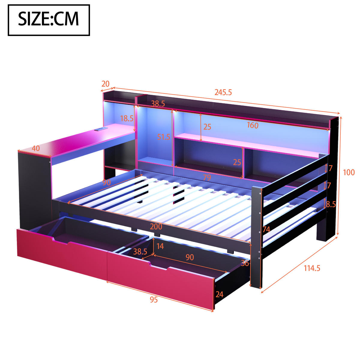 KINDERBETT 90/200 cm DE-01551, in Schwarz + Rot, mit Schreibtisch, Bücherregal und LED - Rot, Holz (90/200cm) - ComfortXL