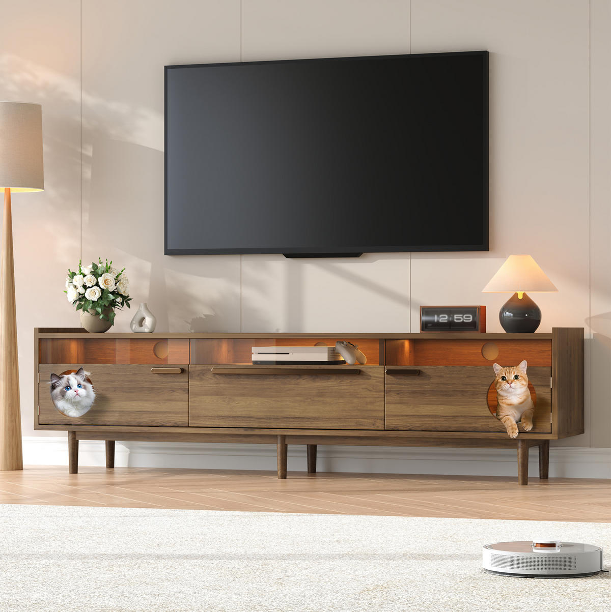 LOWBOARD 180/40/50 cm Walnussfarben aus MDF und gehärtetem Glas mit LED-Beleuchtung und Katzenruheraum - Walnussfarben, Holzwerkstoff (40/50/180cm) - OKMYHOME