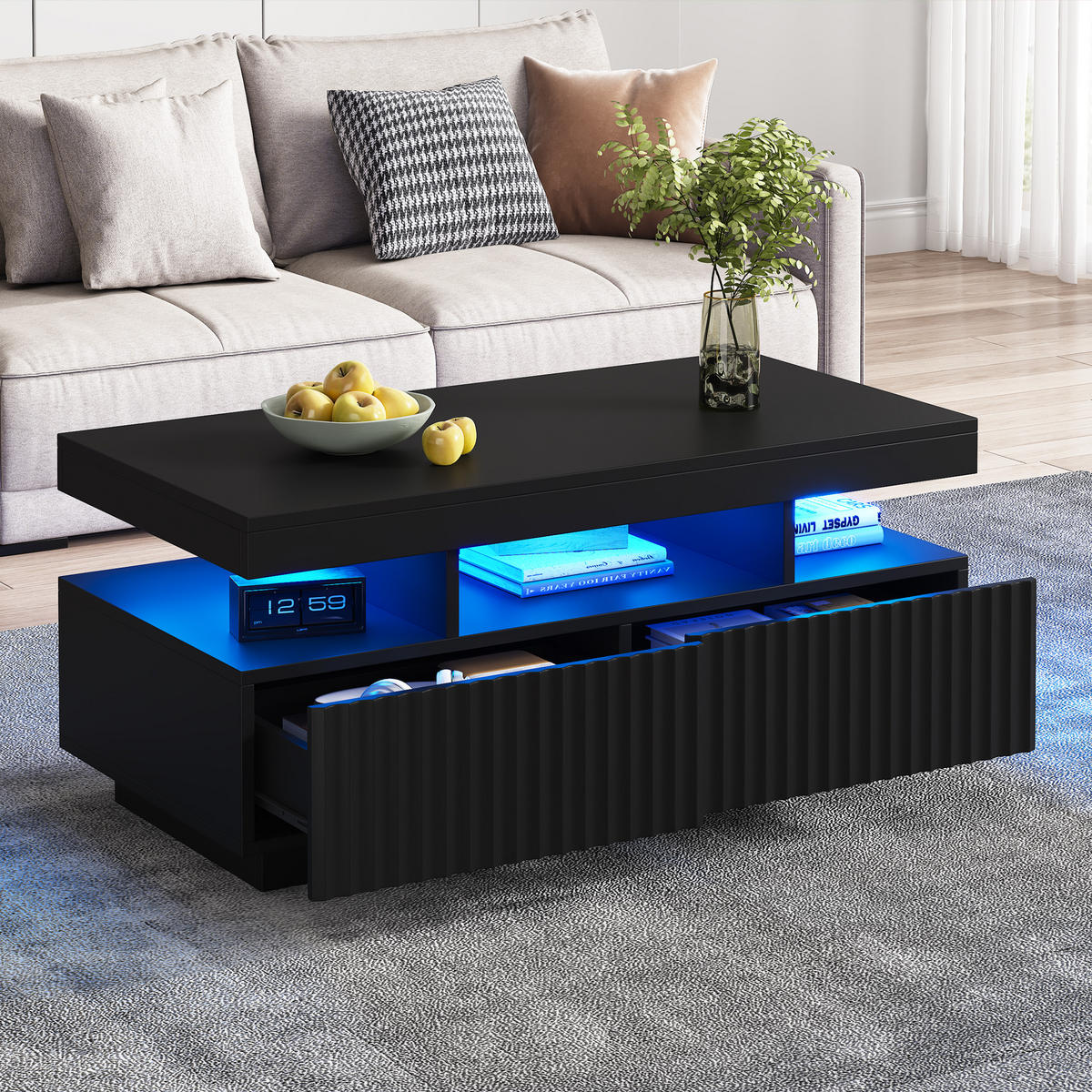 COUCHTISCH 100/50/45 cm Schwarz mit 2 Schubladen und LED-Beleuchtung - Schwarz, Holzwerkstoff (100/50/45cm) - OKWISH