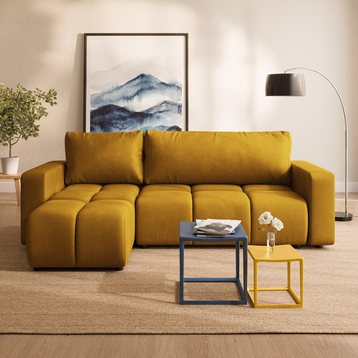 ECKSOFA RAMIL Gelb Plüsch-Stoff mit Schlaffunktion - Gelb, Holz (240/149cm) - MASSENO