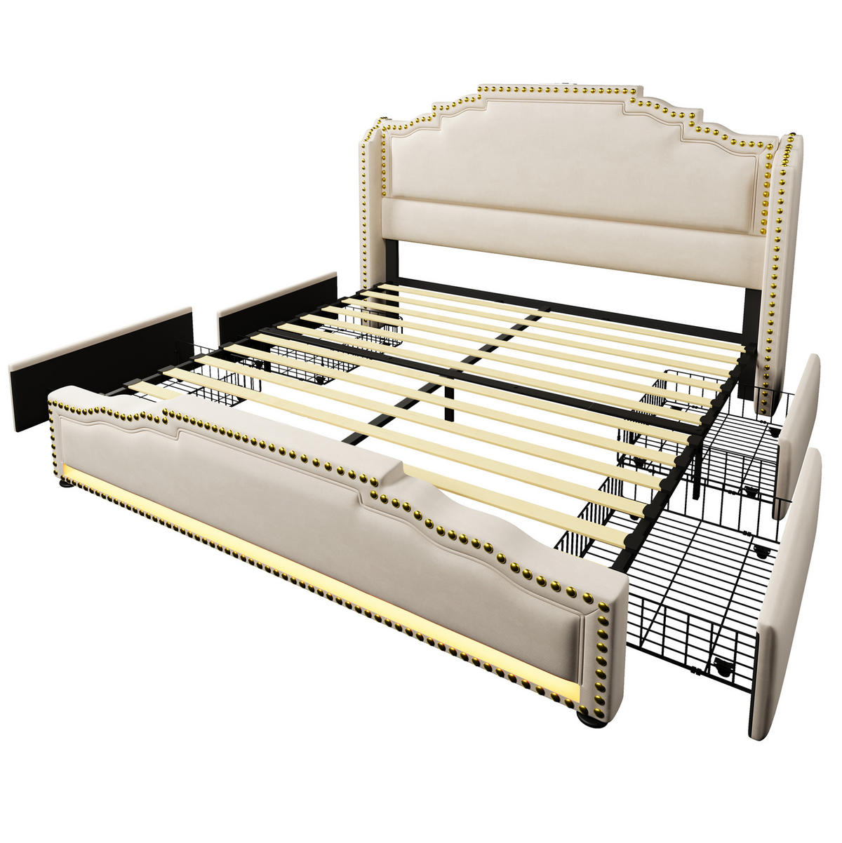POLSTERBETT mit 4 Schubladen 160x200 cm Samt Beige - Beige, Metall (160/200cm) - Meubliv