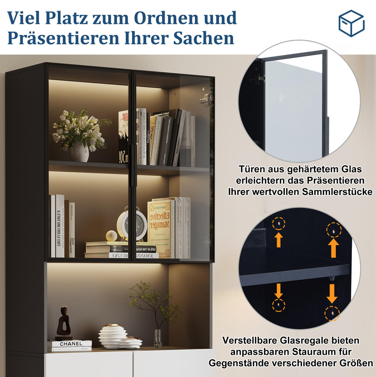 VITRINE 80/30/200 cm in Weiß mit Glastüren und LED-Beleuchtung - Weiß, Holzwerkstoff (80/200/30cm) - Flora Grace