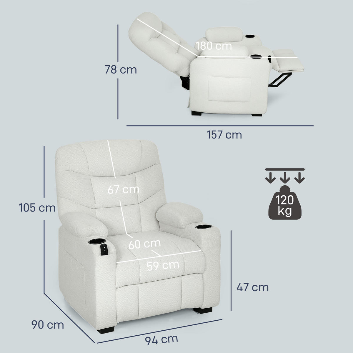 RELAXSESSEL,ELEKTRISCH 150° Samt Memory Fernbedienung Fußstütze,creme - Creme, Textil (90/105/94cm) - Vallsero