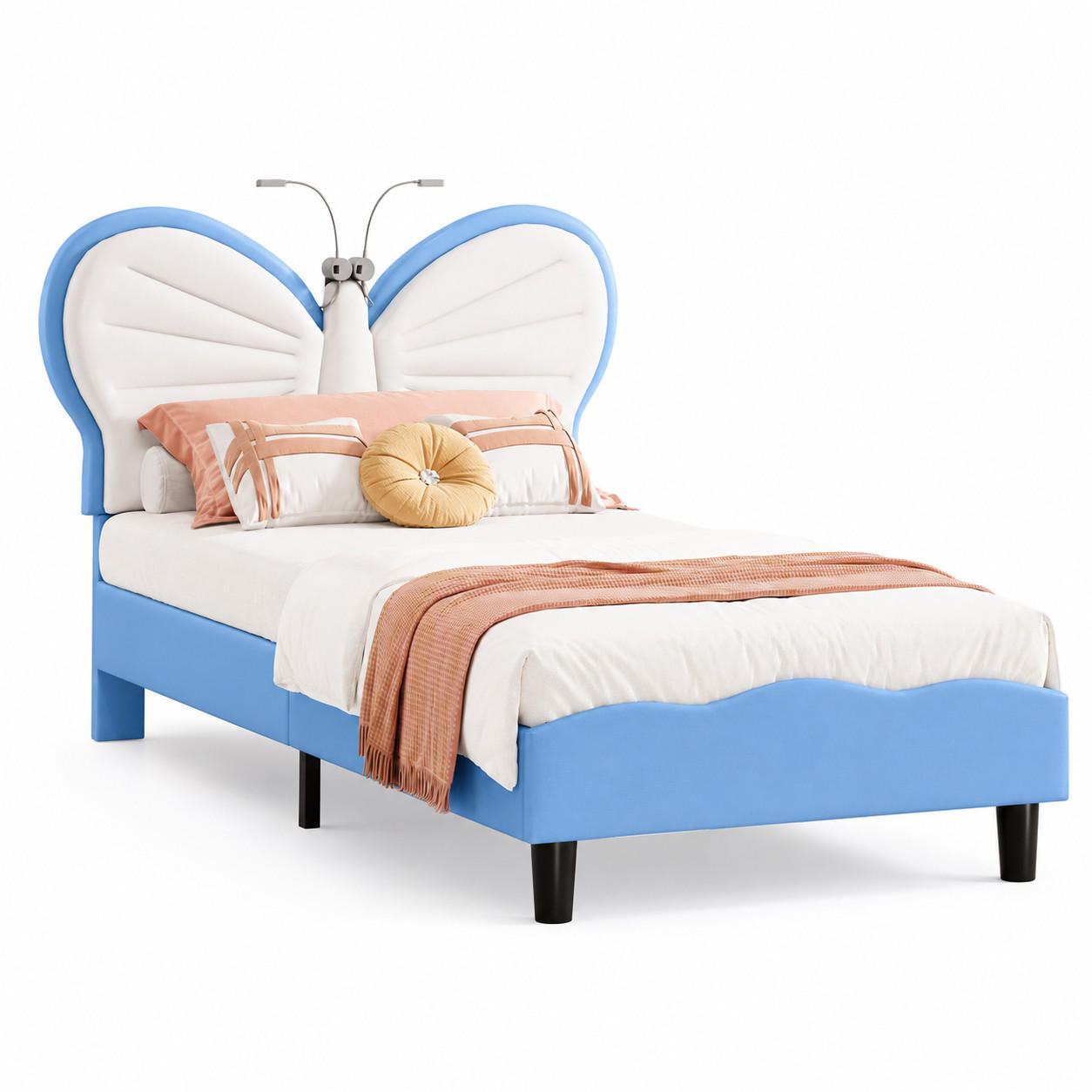 KINDERBETT 90/200 Blau Schmetterling Polsterbett mit LED-Leseleuchte - Hellblau, Metall (90/200cm) - Joyfair