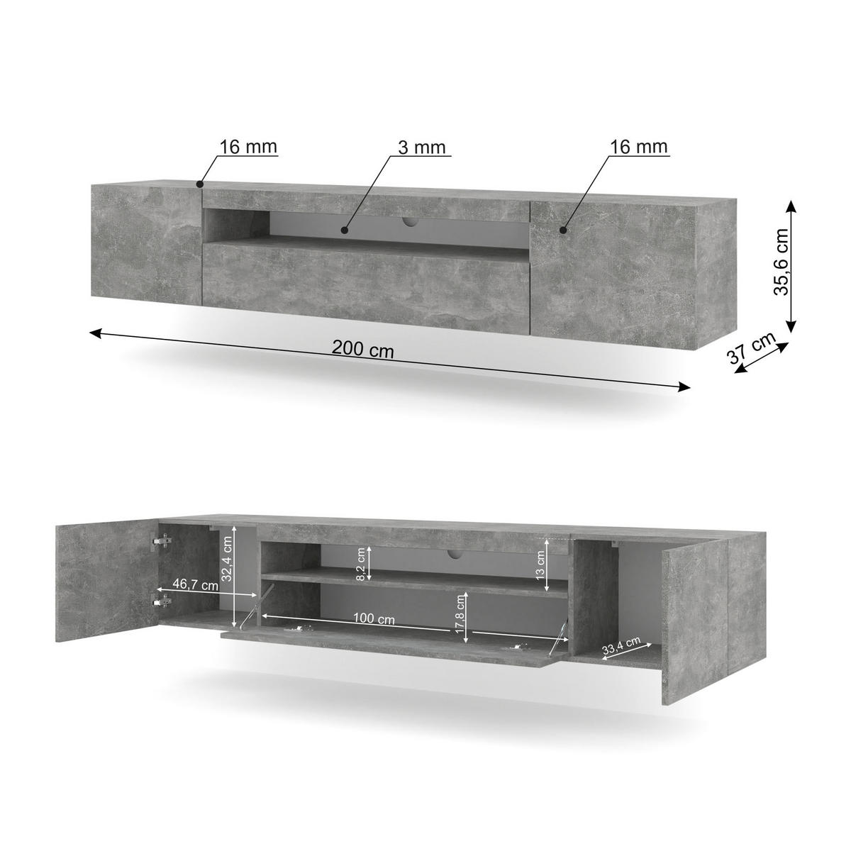 TV LOWBOARD Beton 200/42/37 - Grau, Holzwerkstoff (200/42/37cm) - RAUMHIRSCH FURNITURE