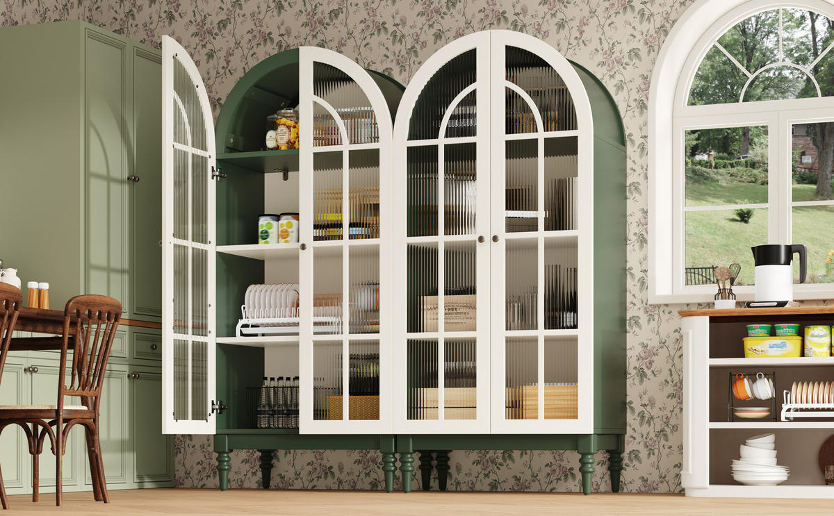 HIGHBOARD Grün 76×38,5×165 cm mit Bogenfront und Riffelglas-Türen aus Holzwerkstoff, 2er-Set - Grün, Holzwerkstoff (76/165/38.5cm) - Luhomfu