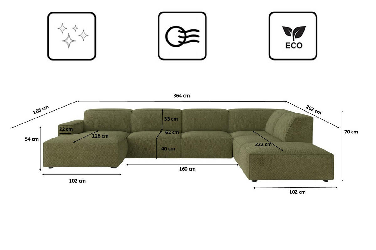 ECKSOFA Cursal V, Stoff Artico, Moss, Rechts - Grün, Holz (364/262cm) - Kaiser Möbel