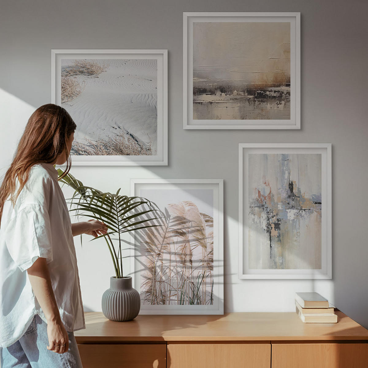 BILDER SET 4er Set - 50x50 cm & 40x60 cm Weißer Rahmen - Abstrakte Vegetationsmuster - Weiß, Kunststoff (50/50cm) - TULUP