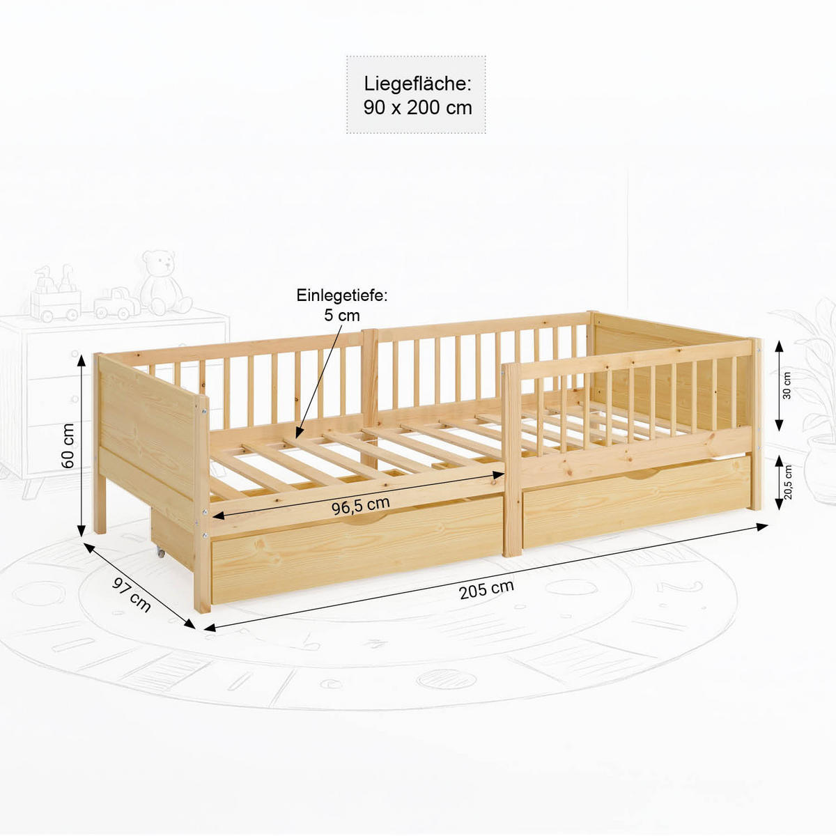 KINDERBETT Natur 90/200 2 Bettkästen Rausfallschutz - Naturfarben, Holz (90/200cm) - Homestyle4u