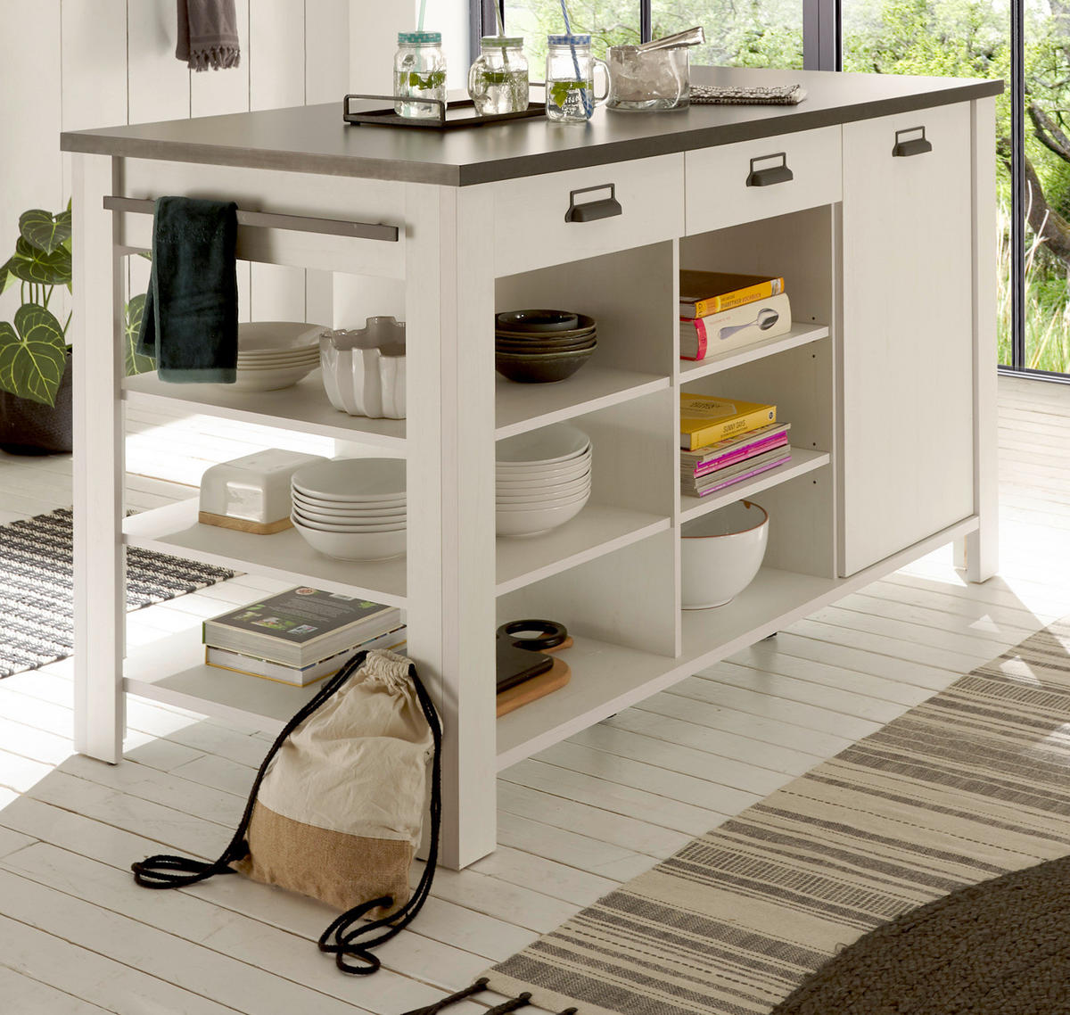 KÜCHENINSEL weiß Pinie, anthrazit Landhaus 162 cm, Kochinsel freistehend - Anthrazit/Schwarz, Holzwerkstoff/Metall (162/93/77cm) - Furn.Design