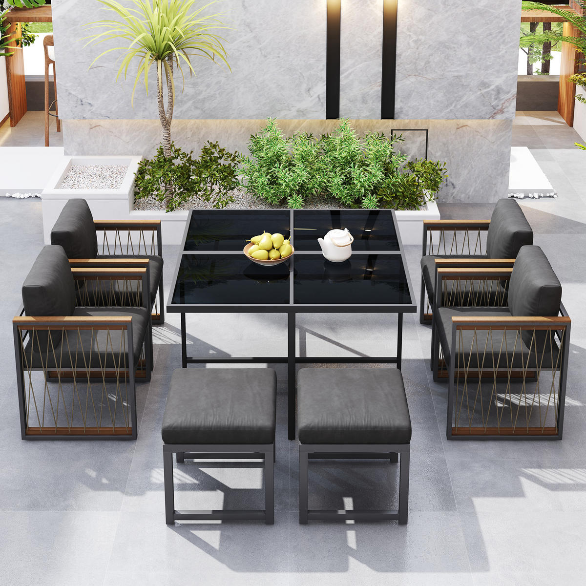 GARTENESSGRUPPE Schwarz/Natur 7-teilig für 6 Personen mit Glastisch - Schwarz, Metall - PANGIVO