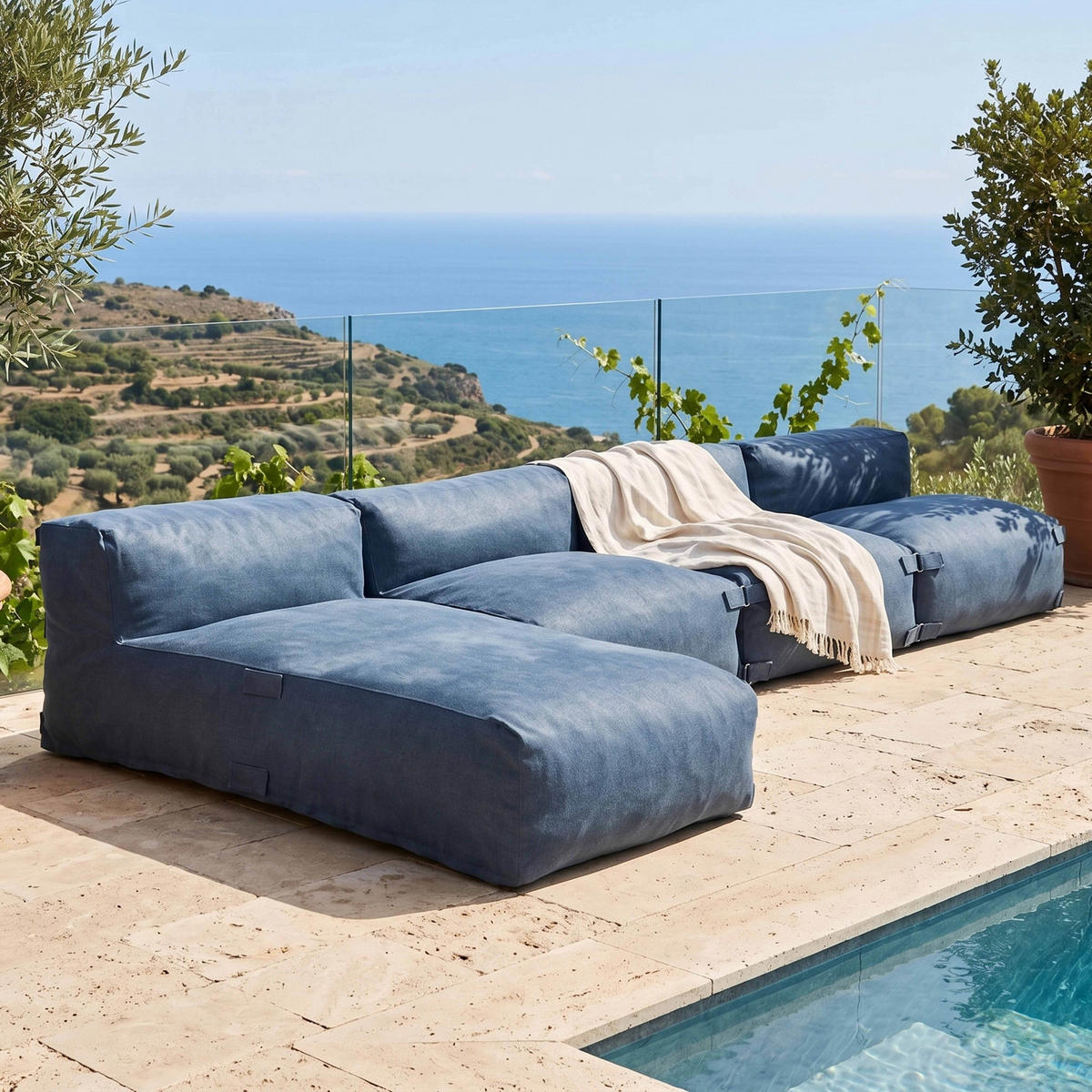 GARTENSOFA mit 4 Sitzplätzen, Pazifikblau - Blau, Textil - Oviala