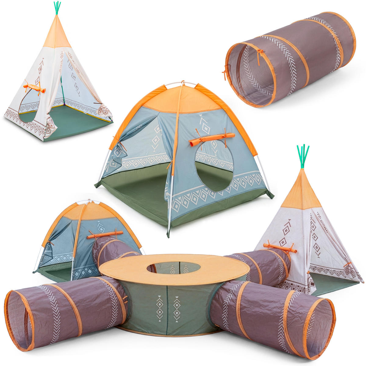 SPIELZELT 7er Set – Tipi, Iglo-Spielzelt mit 4 Tunneln, Indoor & Outdoor, für Kinder ab 3 Jahren - Multicolor, Textil (532/320cm) - COIL