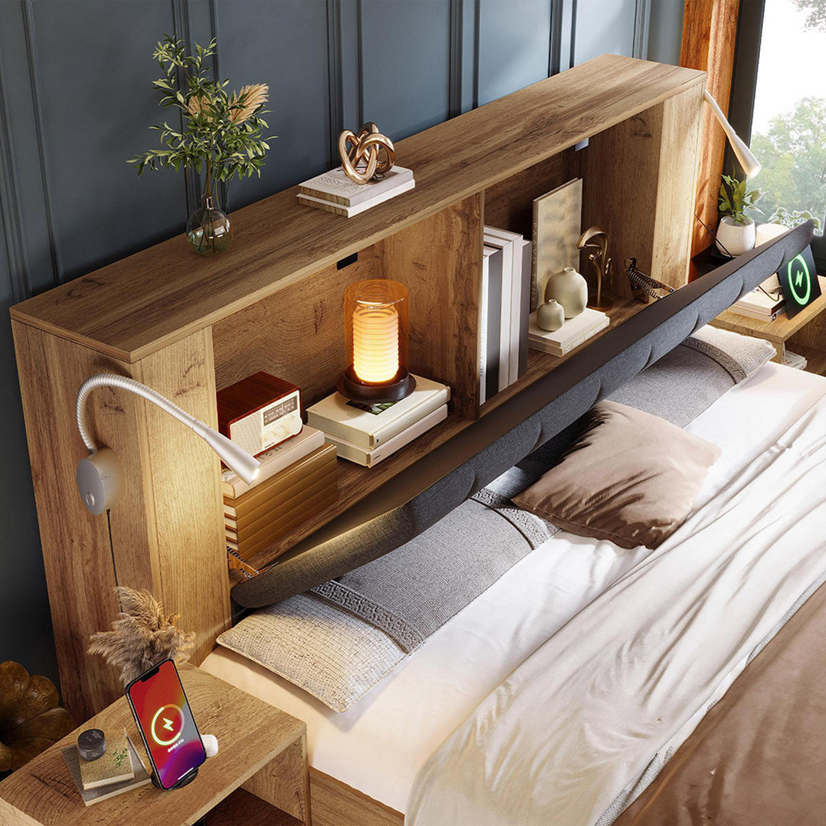 DOPPELBETT 160x200 cm in Eichenoptik mit zwei Nachttische, Mit Matratze - Eichefarben, Holz (160/200cm)