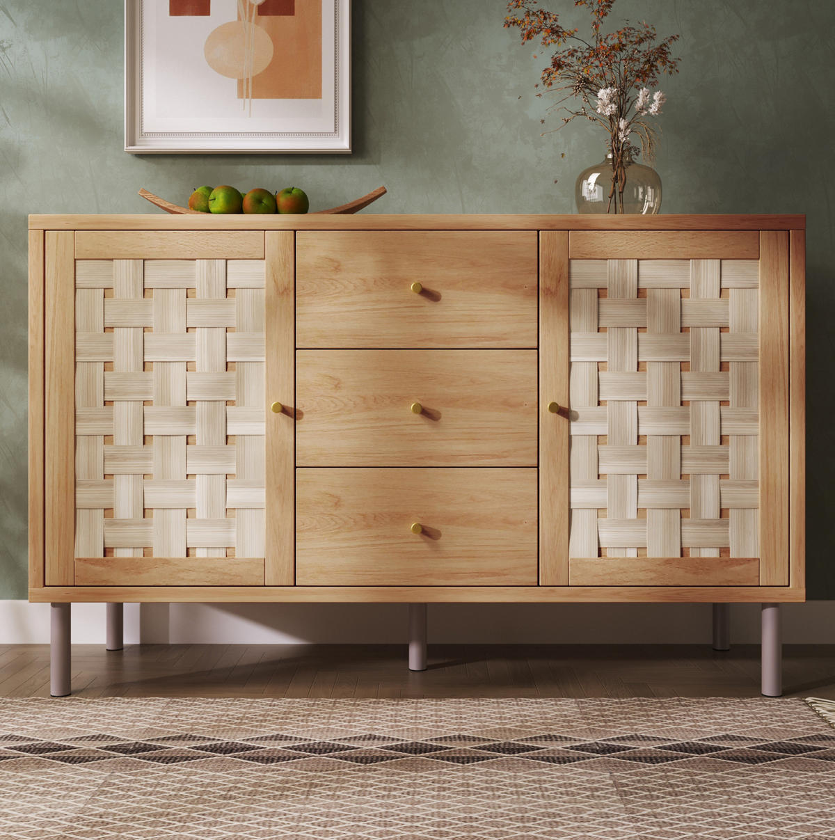 KOMMODE 120/40/75 cm in Eichefarben mit 2 Türen, 3 Schubladen und Metallbeinen - Nussbaumfarben, Holzwerkstoff (120/70/40cm) - Flora Grace
