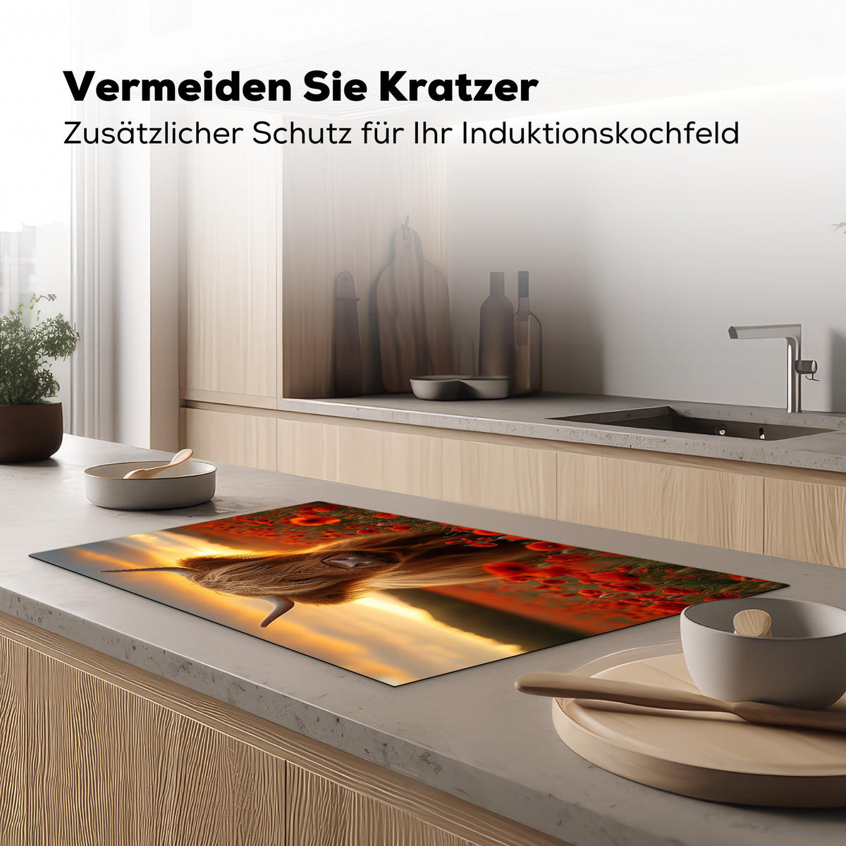 HERDABDECKPLATTE Schottische Highlander - Rosen - Blumenfeld - Sonnenuntergang Induktionsmatte 83x51 cm - Rotbraun, Kunststoff (83/51.5/0.2cm) - MuchoWow