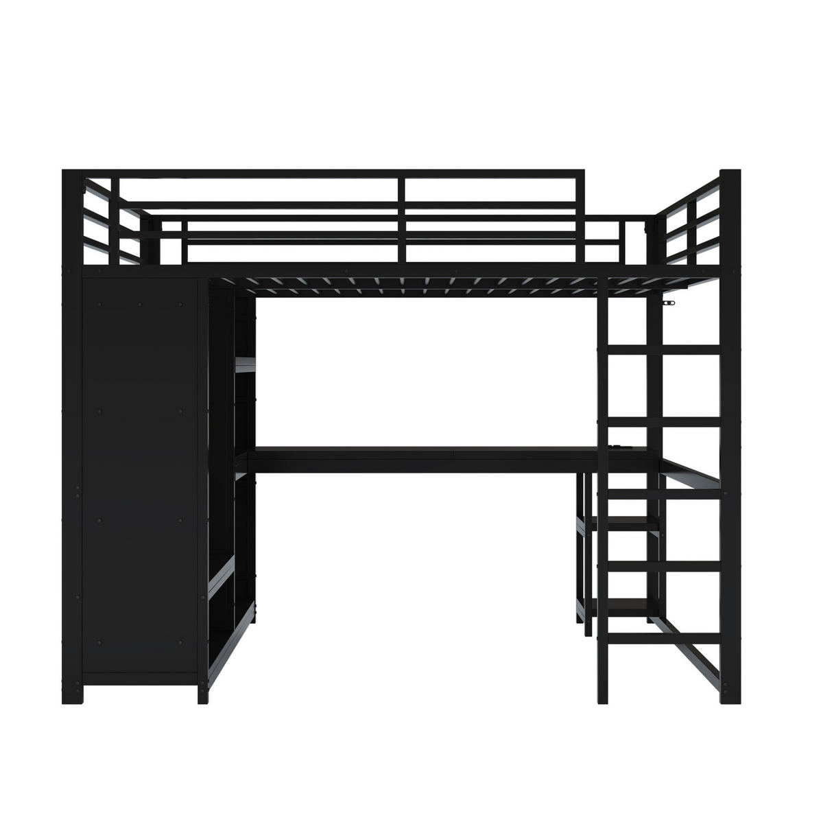 HOCHBETT 160/200 cm aus Metall mit Schreibtisch, LED und offenem Kleiderschrank Schwarz - Schwarz, Metall (160/200cm) - Modenvie