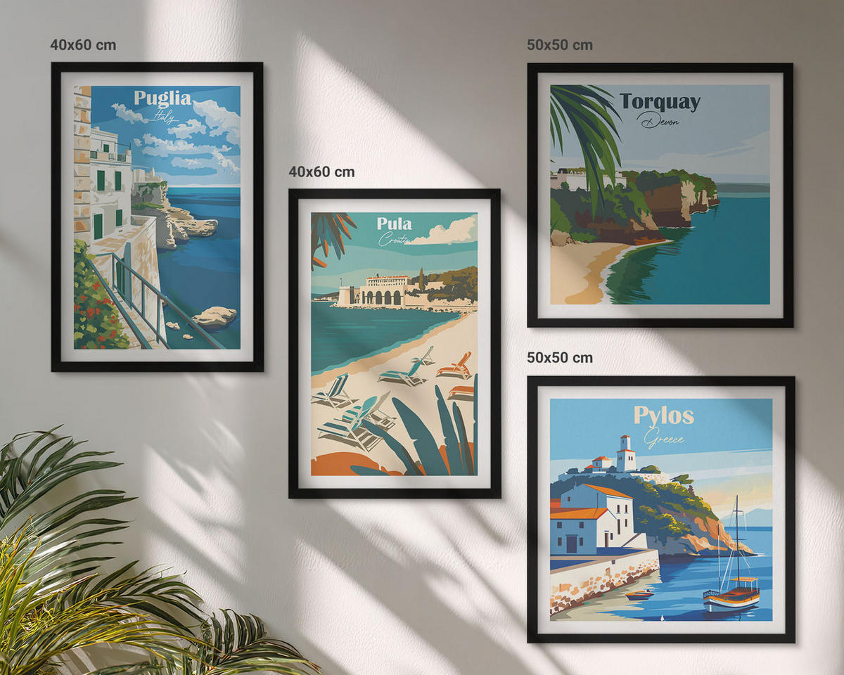 BILDER SET 4er Set - 50x50 cm & 40x60 cm Schwarzer Rahmen - Touristische Küstenlandschaften - Schwarz, Kunststoff (50/50cm) - TULUP