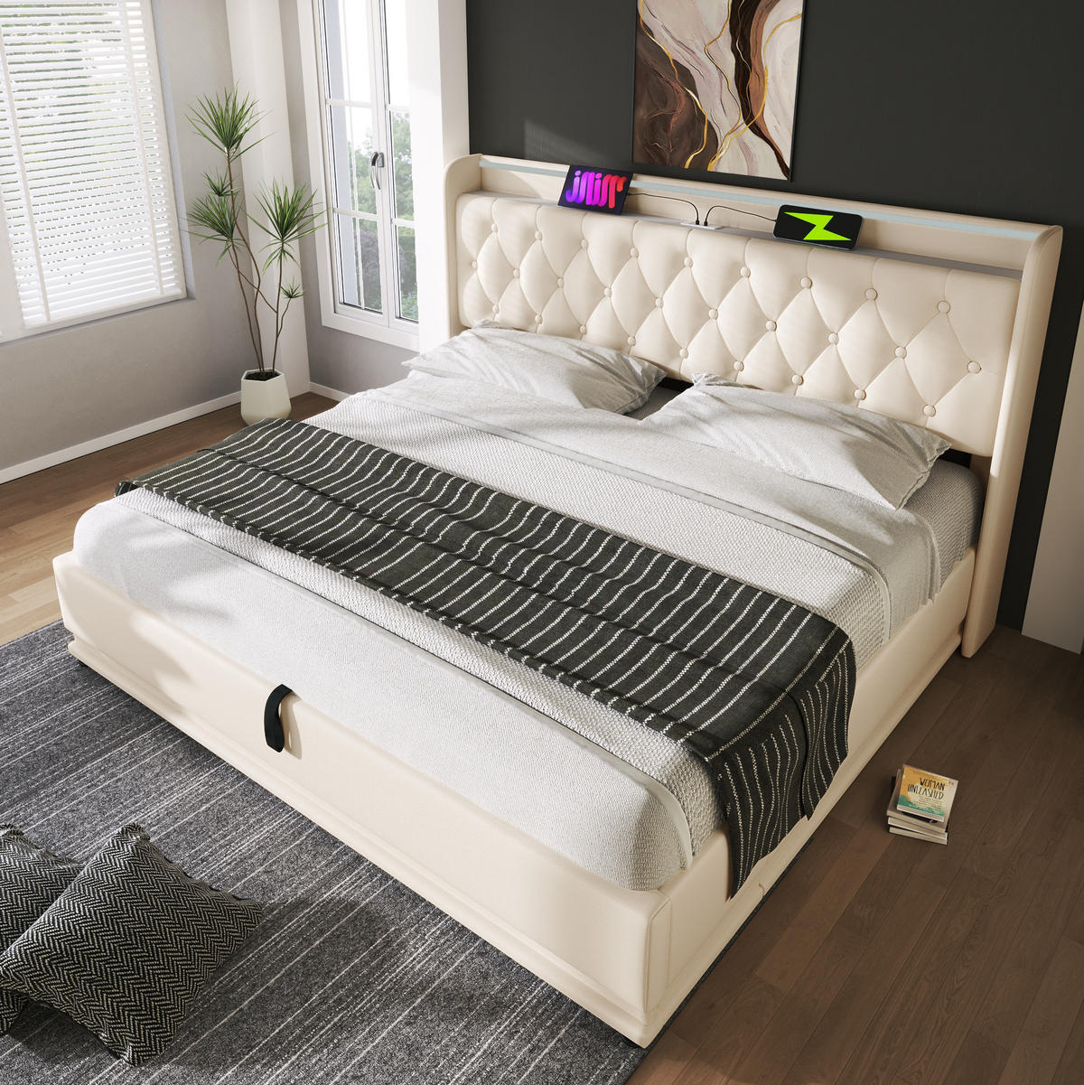 POLSTERBETT 160/200 cm weiß aus PU mit LED und Stauraum - Weiß, Kunststoff (160/200cm) - OKMYHOME