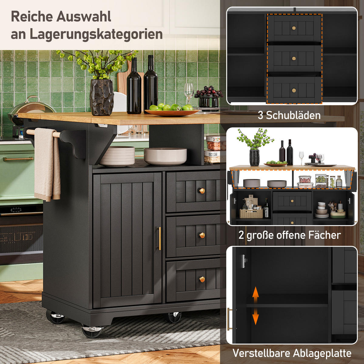 KÜCHENINSEL 120/40/95 cm schwarz aus MDF/Metall klappbar - Schwarz, Holzwerkstoff (120/95/40cm) - OKWISH