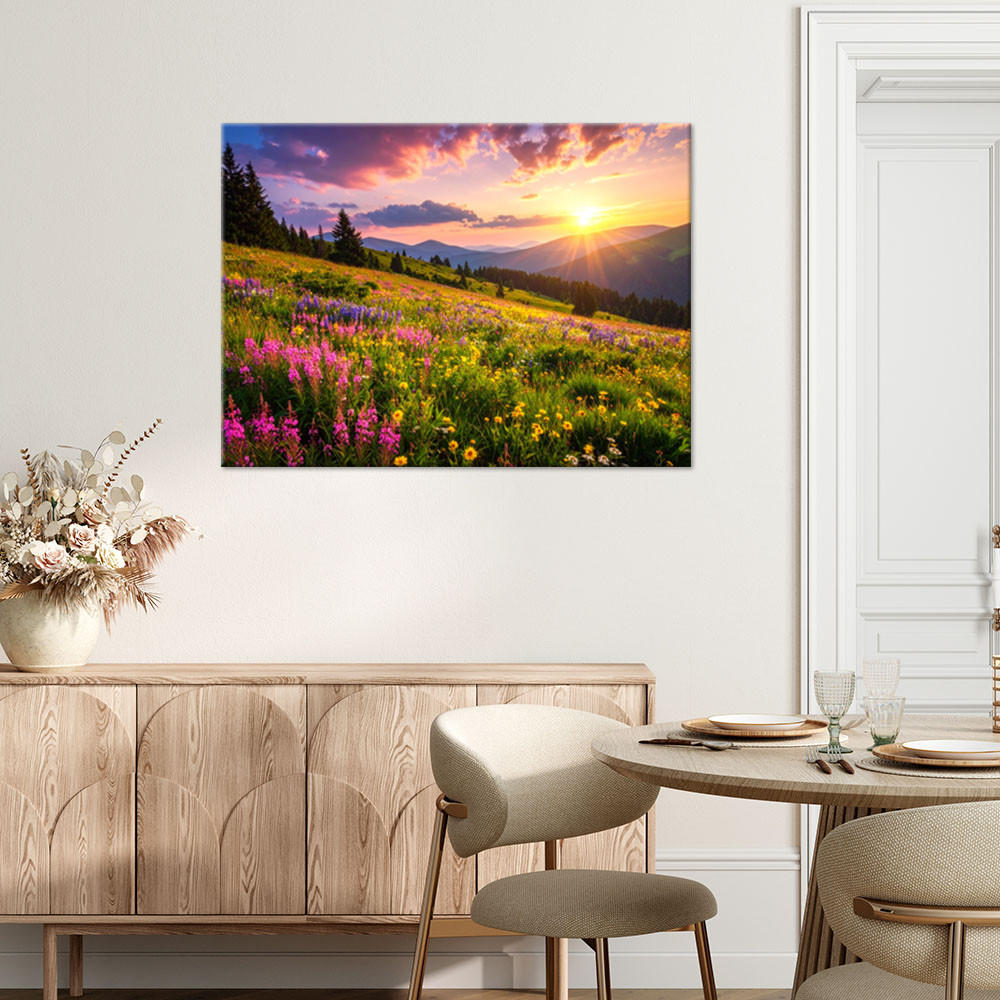 LEINWANDBILD Wiese Blumen Berglandschaft Natur 100x70cm - Multicolor, Textil (100/70cm) - Feeby