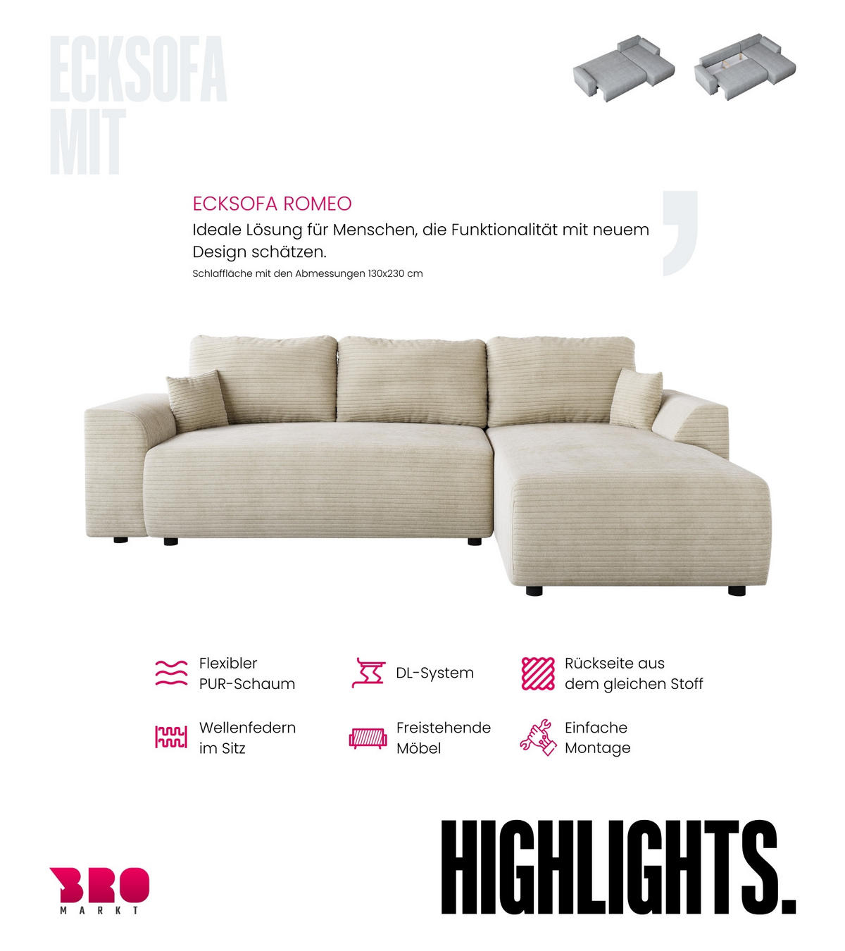 ECKSOFA Romeo mit Schlaffunktion Beige - Beige, Textil (285/185cm) - Bromarkt