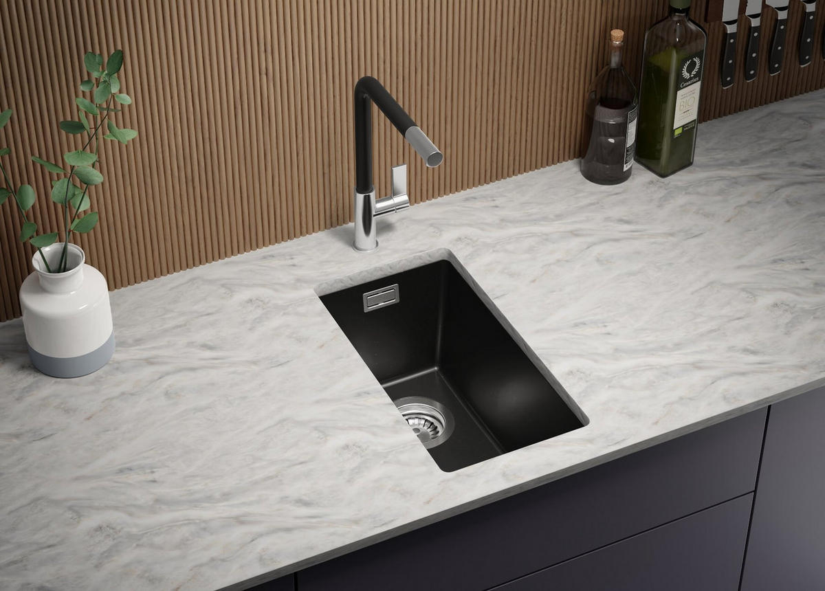 UNTERBAUSPÜLE GRANIT London, 2-er set Schwarz Metallic 26/47 cm 1 Becken + Ablauf-Set ab 30er Unterschrank - Chromfarben/Schwarz Hochglanz, Kunststoff (26/20/47cm) - Primagran