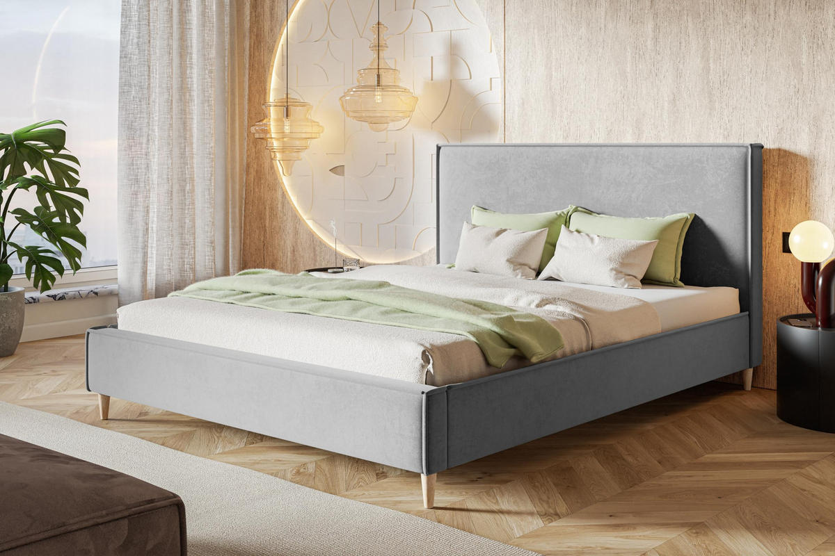 POLSTERBETT LUX RICO mit Kopfteil, 160 x 200 cm, Doppelbett mit Lattenrost aus Holz, Velourstoff Hellgrau, Füße in Farbe: Braun - Hellgrau, Holz/Textil (160/200cm) - Alpi-Möbel