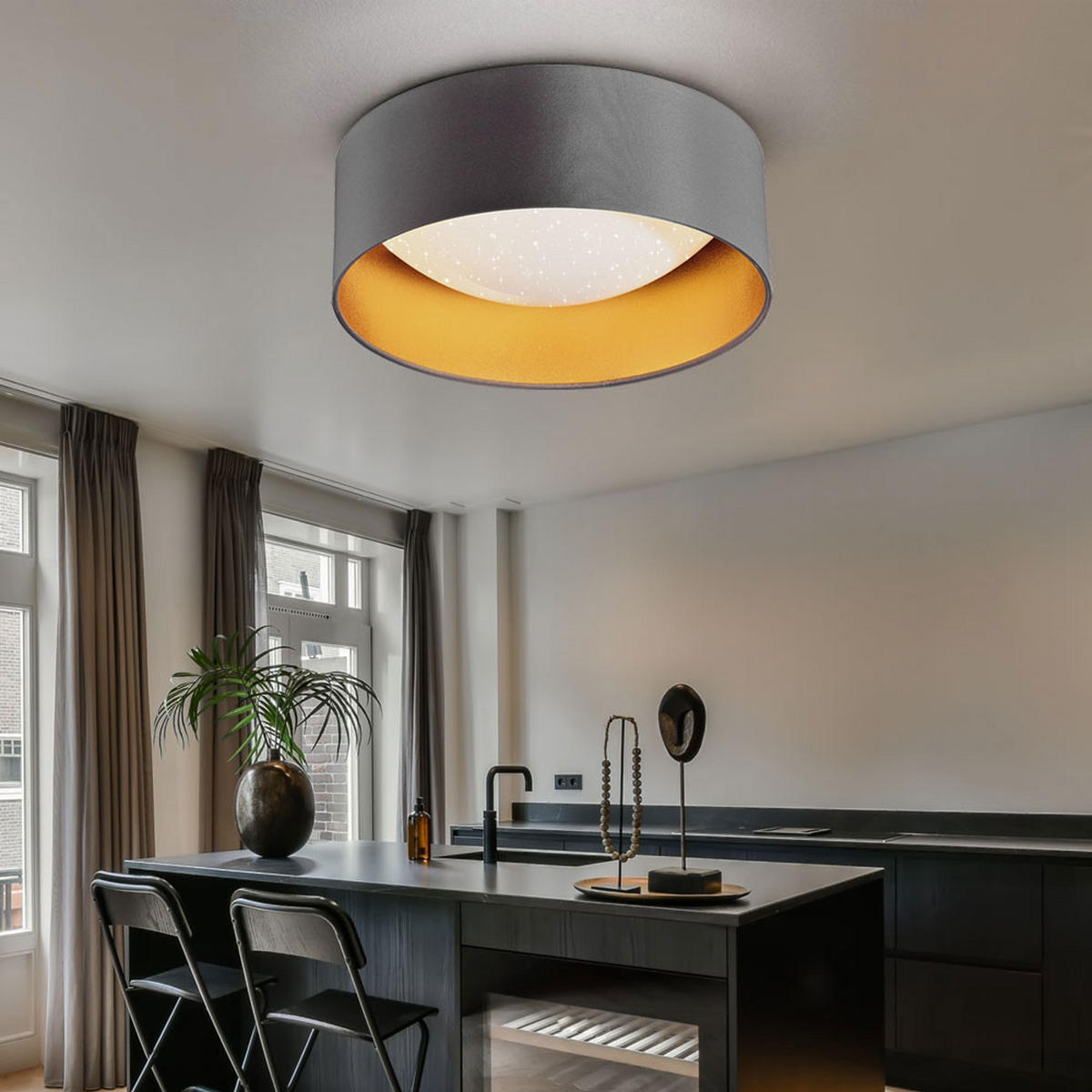 LED DECKENLEUCHTE Textil Grau Gold - Grau, Textil (32/32/11cm) - Briloner