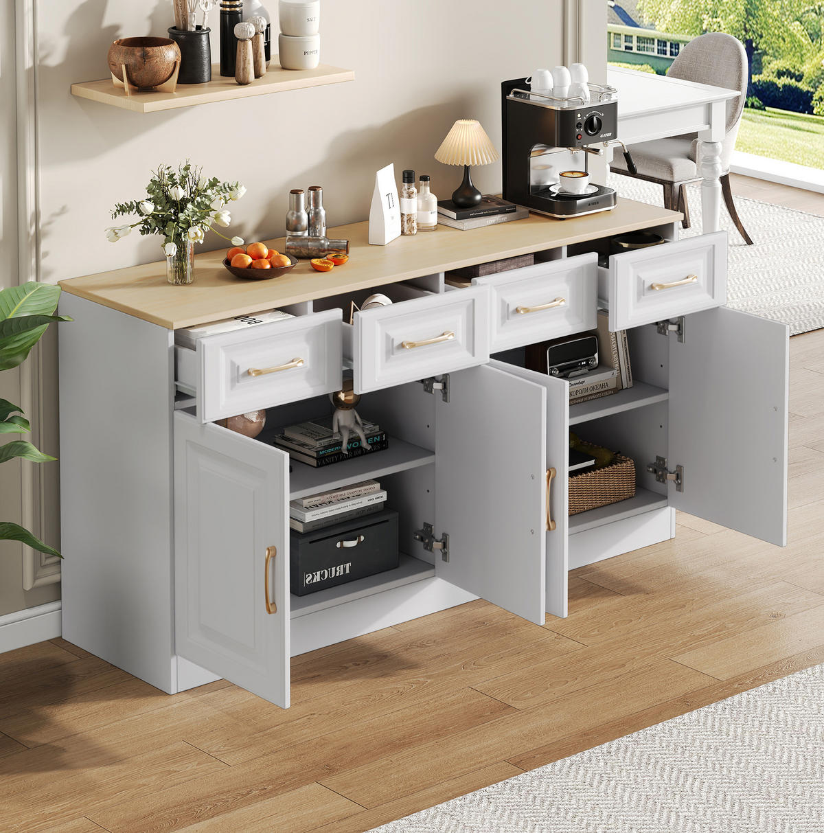 SIDEBOARD 140/40/75 cm weiß/eichefarben aus Spanplatte mit 4 Schubladen und 4 Türen - Weiß, Holzwerkstoff (140/75/40cm) - OKWISH
