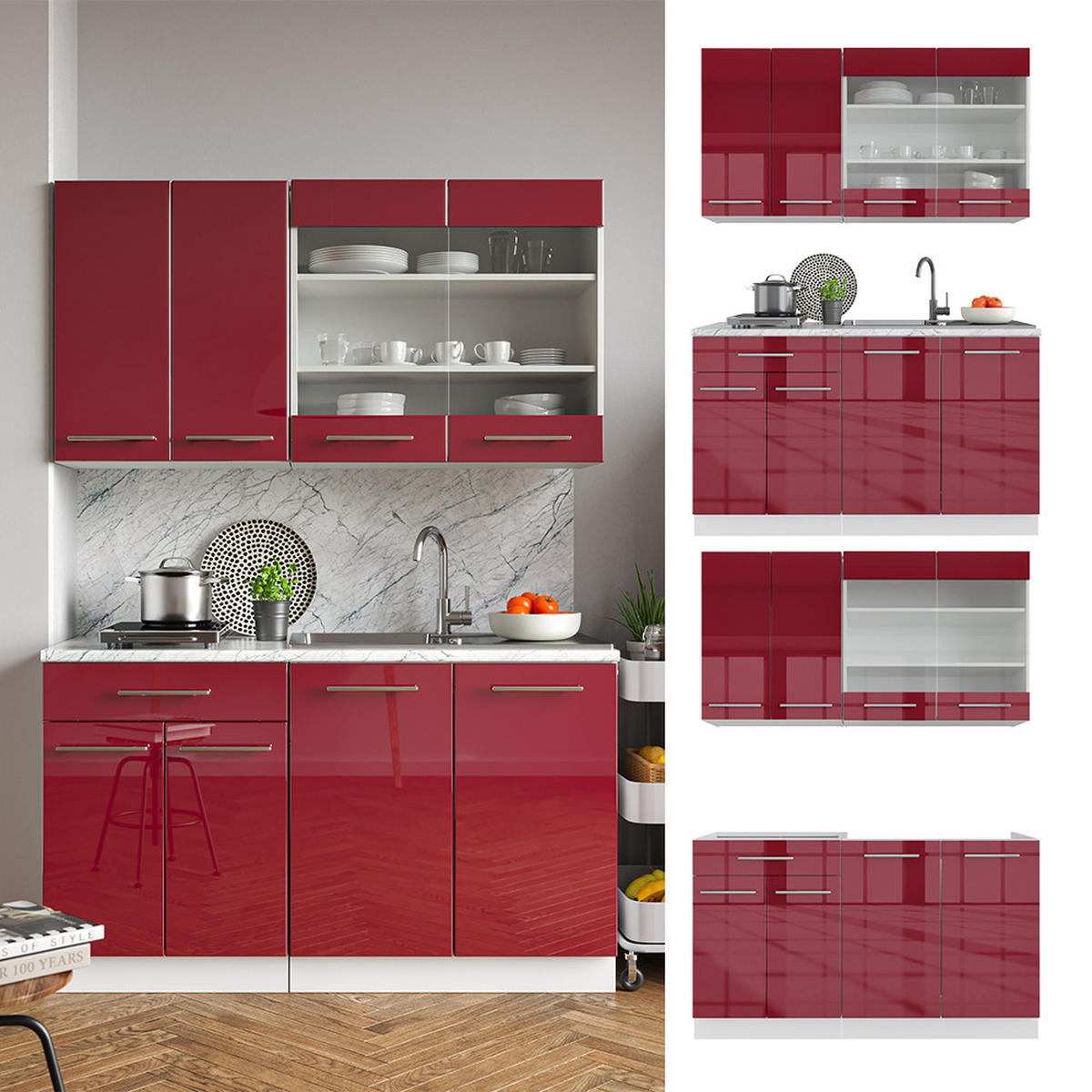 SINGLEKÜCHE Fame-Line Bordeaux Hochglanz/Weiß 140 cm, AP Anthrazit - Bordeaux/Weiß, Holzwerkstoff (140/81.6/60cm) - Vicco