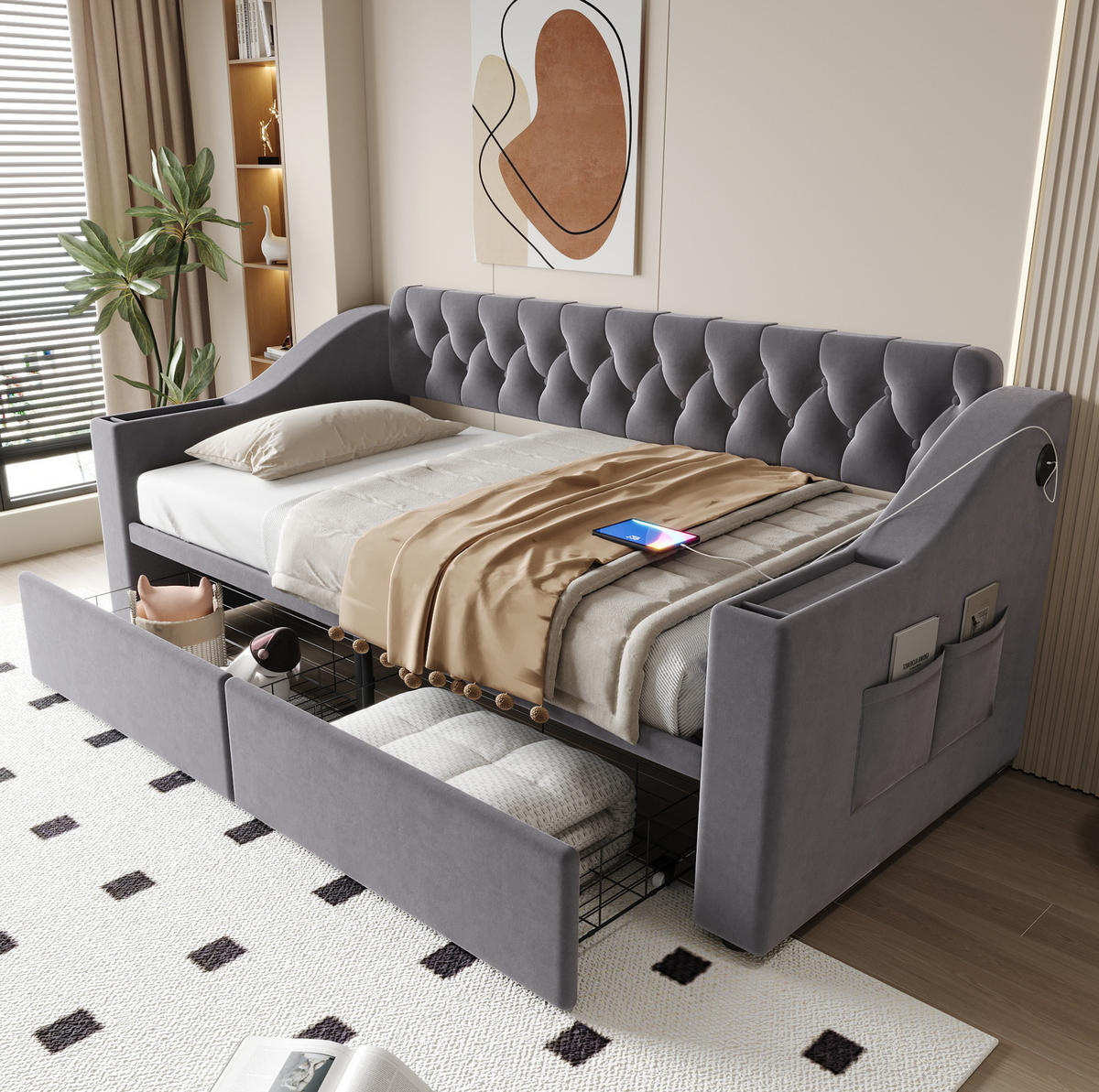 ČALOUNĚNÁ postel 90/190 cm tmavě šedá ze sametu s USB porty a úložnými zásuvkami - šedá, textil (90/190cm) - OKWISH
