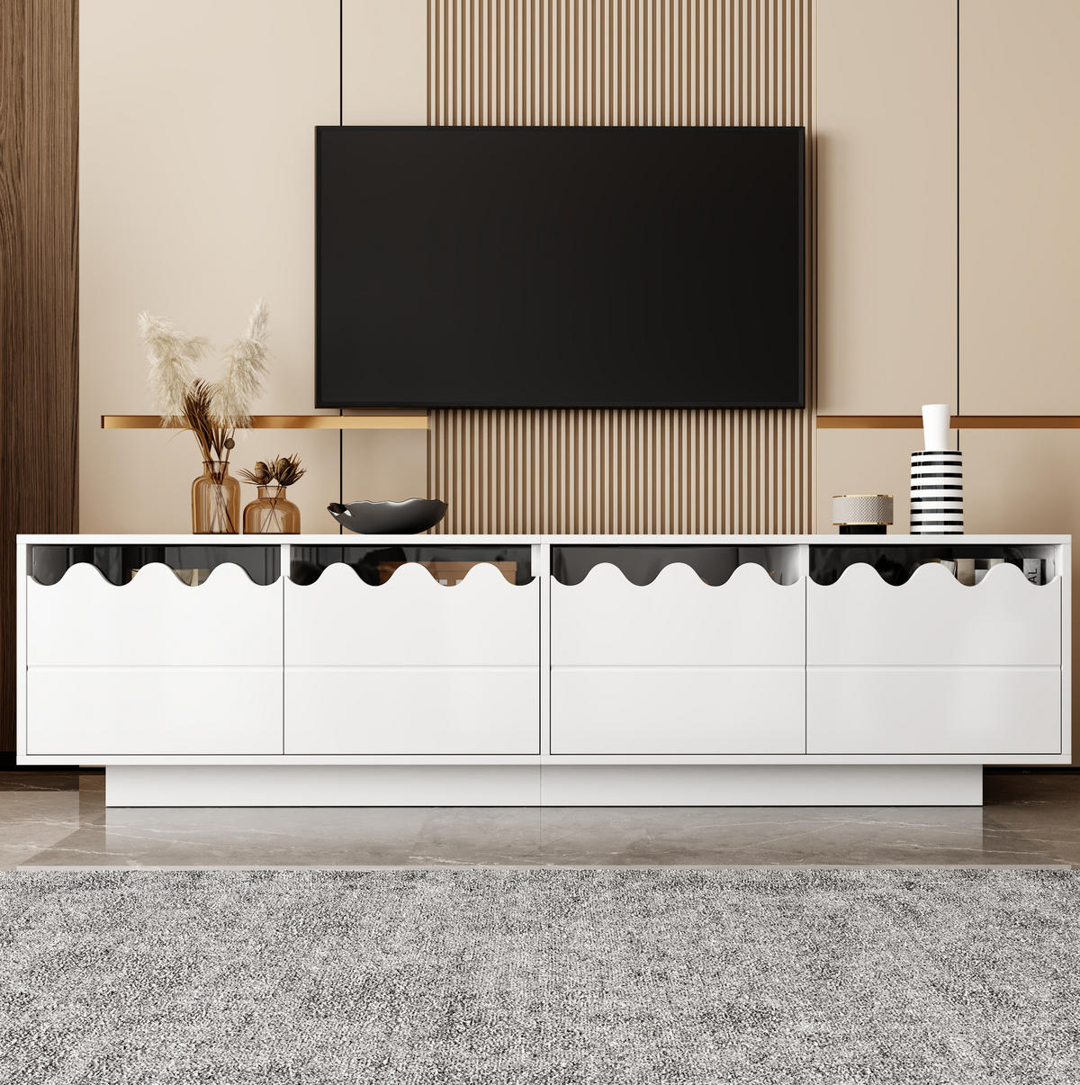 TV-SCHRANK aus MDF und Spanplatte 170x40x45 cm Weiß mit 4 Türen, gehärteten Glasregalen und Wellen-Design - Weiß, Holzwerkstoff (170/40/45cm) - Modfu