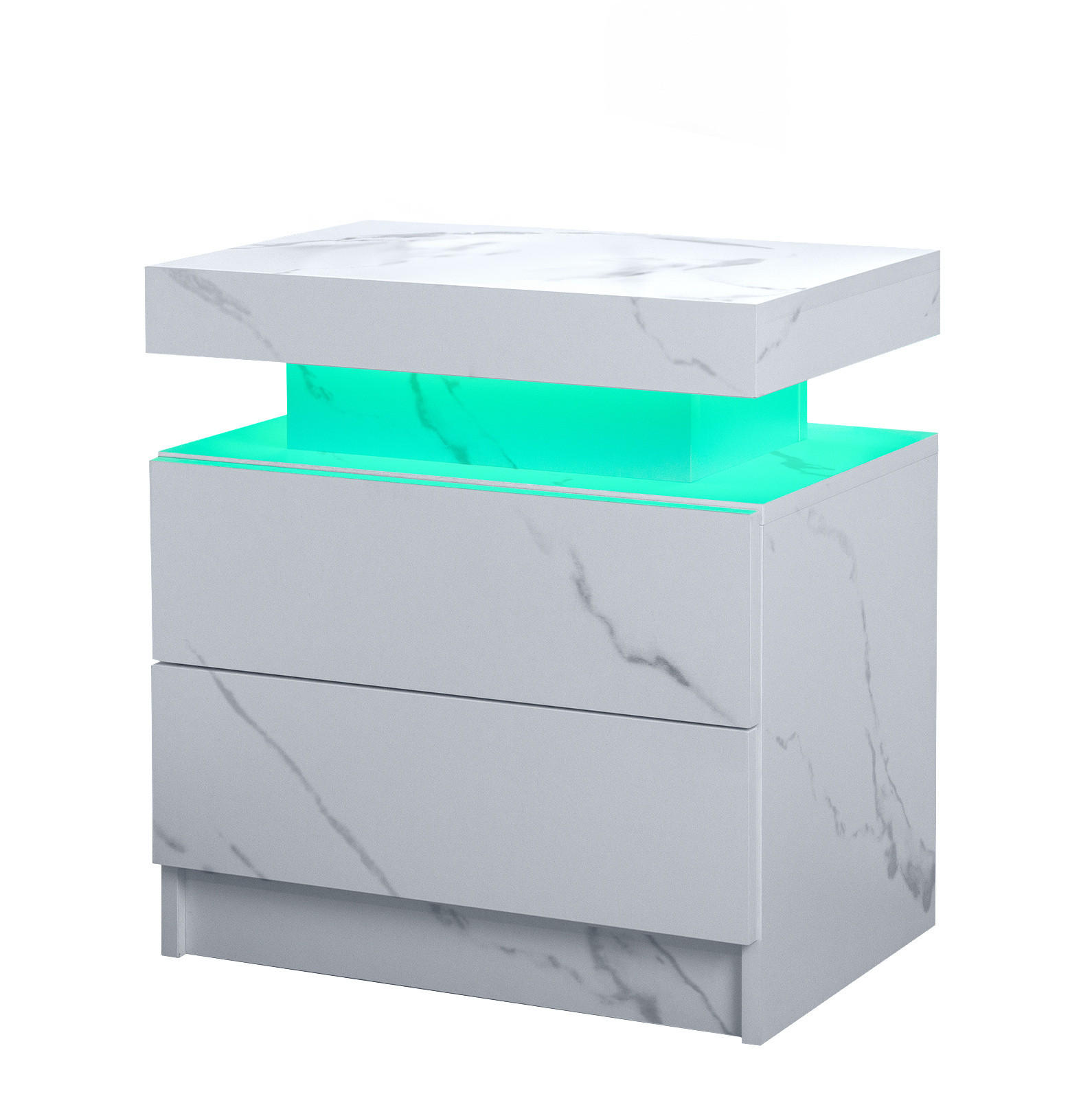 NACHTTISCH aus Holzwerkstoff 50x53x36 cm Mattweiß mit LED-Beleuchtung, 2 Schubladen und offenem Fach - Weiß, Holzwerkstoff (50/36/53cm) - Modfu