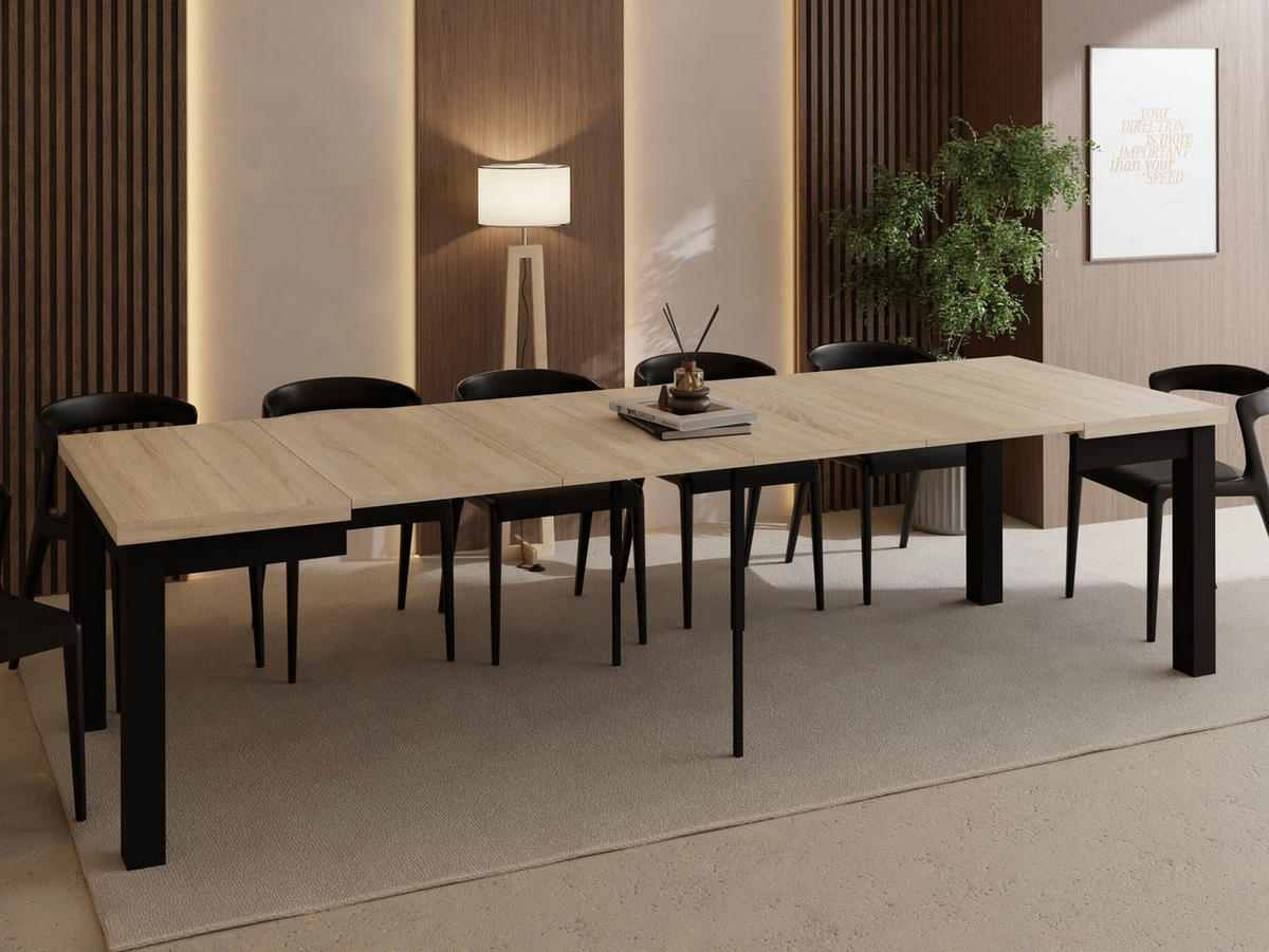 ESSTISCH Toren ausziehbar verlängerbar quadratisch, Eiche Sonoma Hellbraun 90-290/90/76.5 cm - Schwarz/Sonoma Eiche, Holz/Holzwerkstoff (90/90/77cm) - WFL GROUP