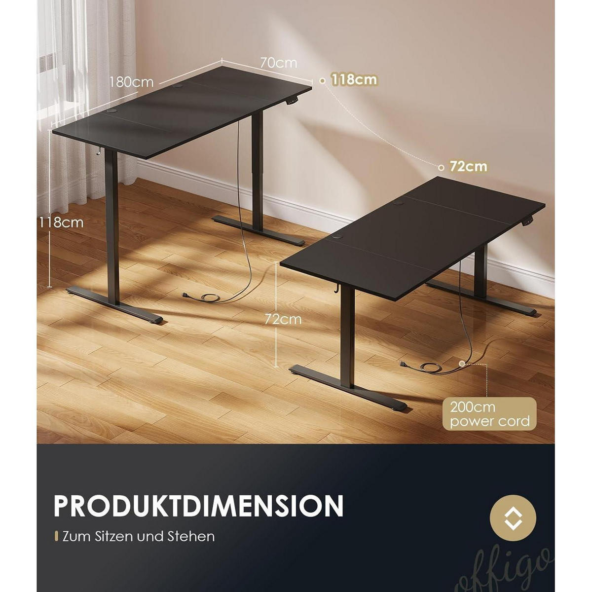 SCHREIBTISCH elektrisch höhenverstellbar 180 cm Schwarz - Schwarz, Holz (70/180/72cm)