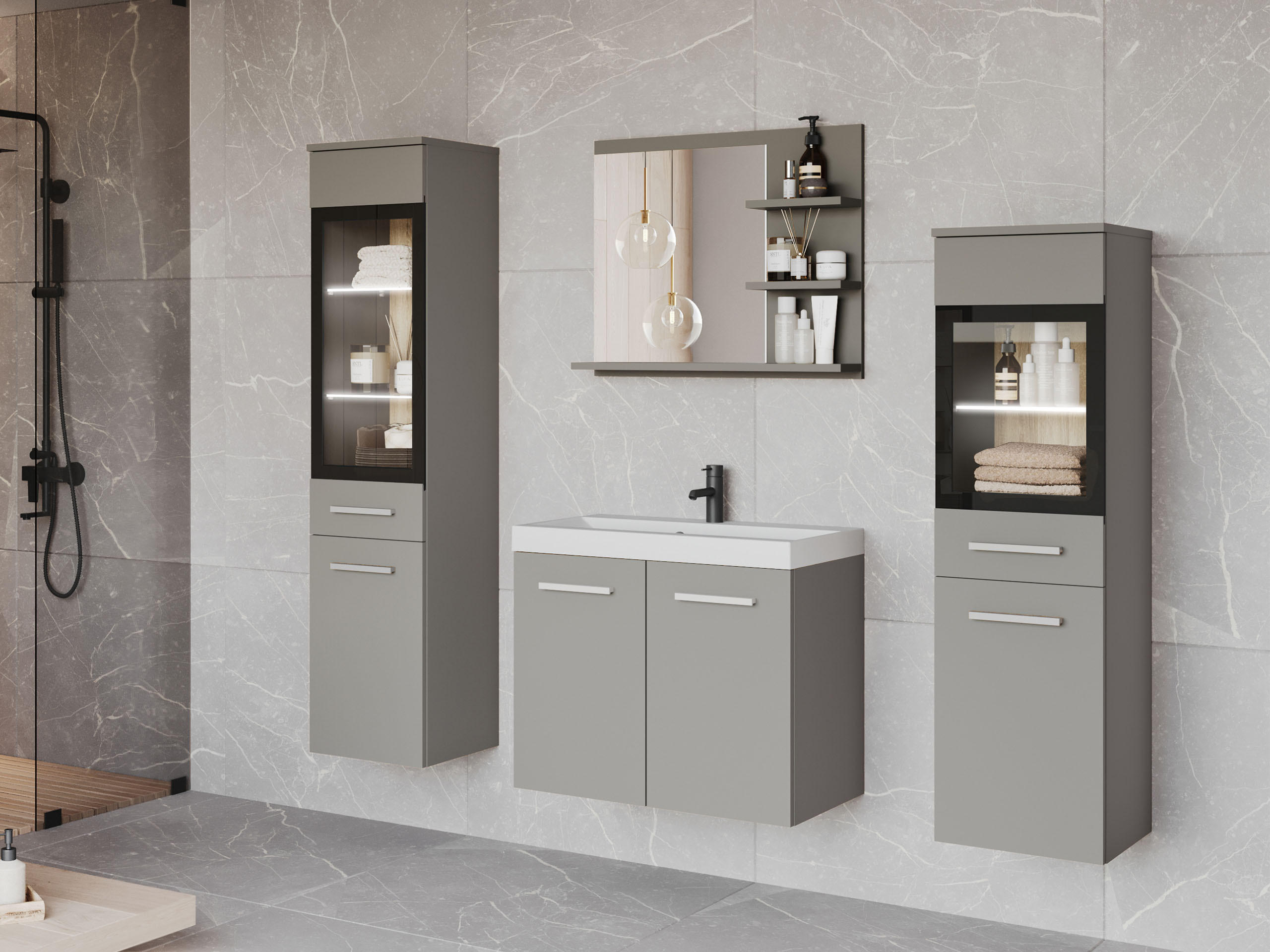 BADMÖBEL-SET Madrit I mit weißer LED Beleuchtung - Grau, Holzwerkstoff (30/132/30cm) - MIRJAN24