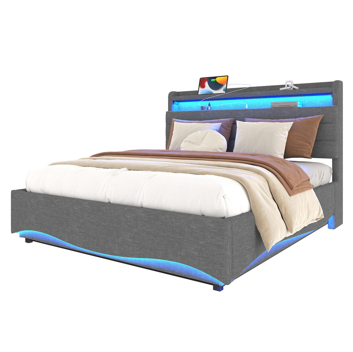 POLSTERBETT 140/200 cm beige aus Leinen mit LED und Stauraum - Beige, Textil (140/200cm) - OKWISH