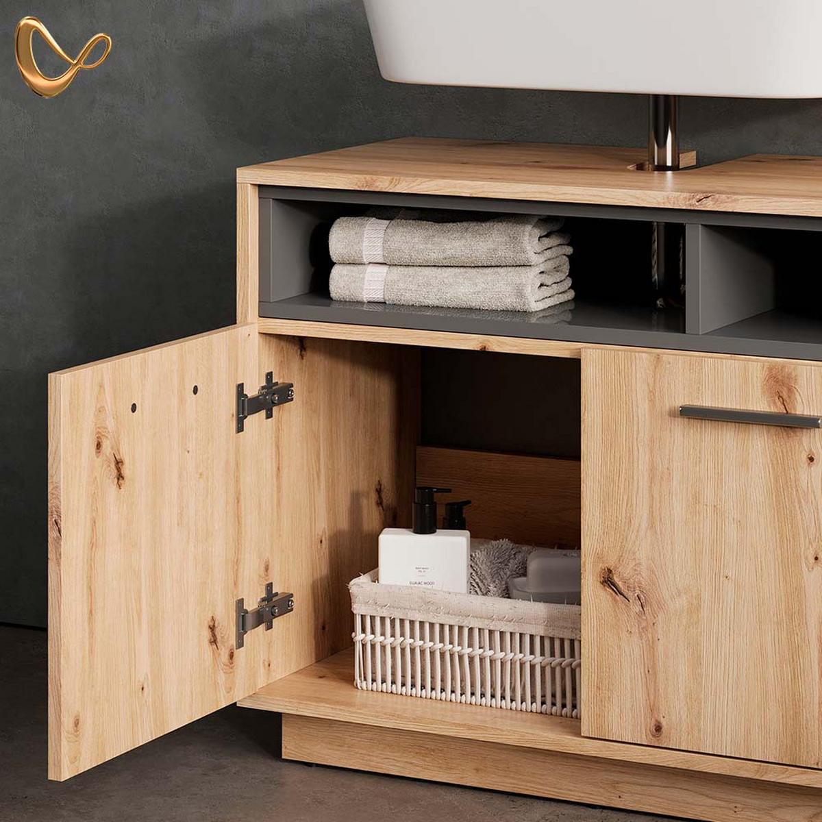 BADMÖBEL-SET Temo Artisan-Eiche 2 Teile - Anthrazit/Eiche Artisan, Holzwerkstoff (80/64/40cm) - Livinity®