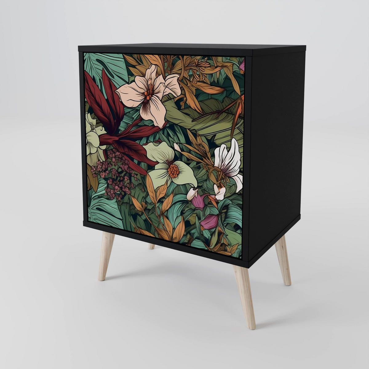 SIDEBOARD BOTANICAL EMERGENCE, Schwarz, 57,5x42x70,5 cm, Schwarze Metall-Sternfüße - Multicolor/Schwarz, Holzwerkstoff/Metall (57.5/70.5/42cm) - SpaceRebels
