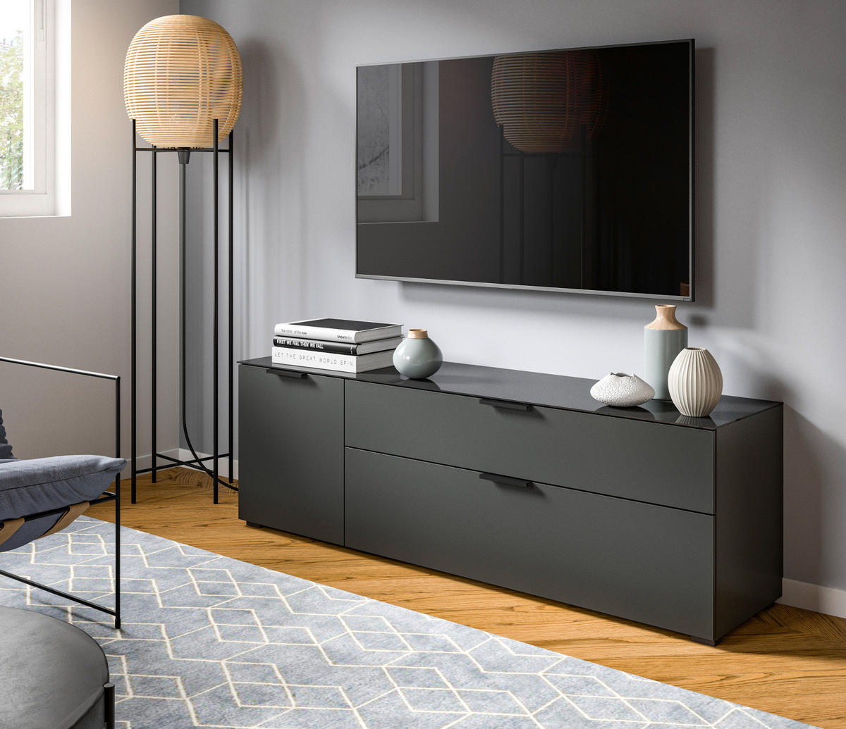 TV-LOWBOARD grau 160 c, mit Glasauflage und Soft-Close - Dunkelgrau/Grau, Glas/Holzwerkstoff (160/51/40cm) - Inn.Furn