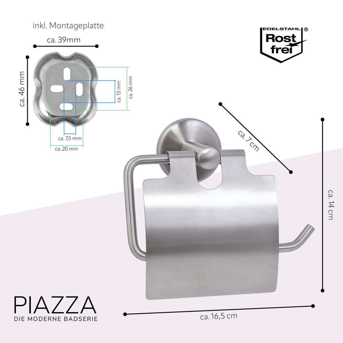TOILETTENPAPIERHALTER PIAZZA, Edelstahl - Edelstahlfarben, Metall (16.5/14/7cm) - bremermann