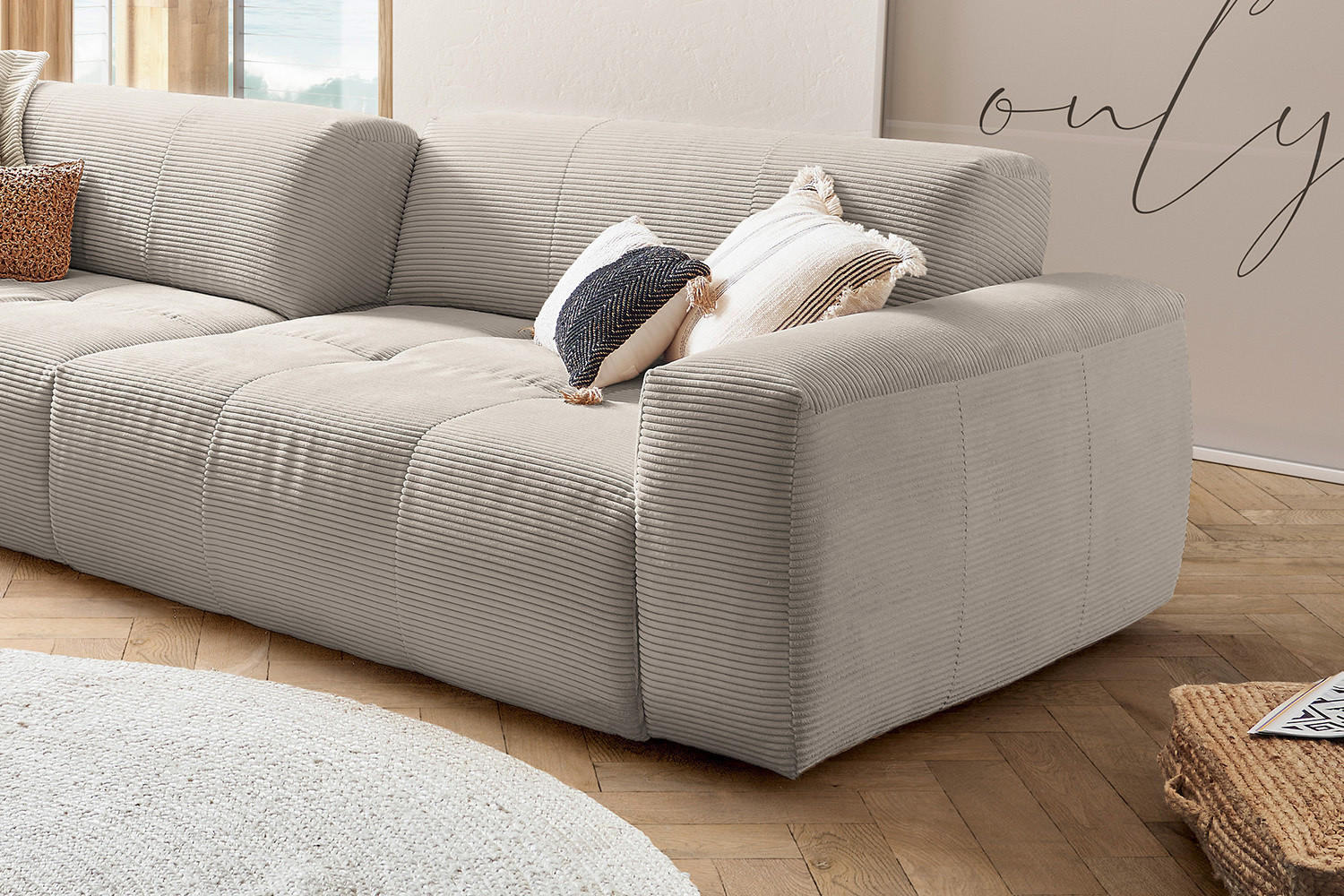 SOFA MIT SITZTIEFENVERSTELLUNG PALACE Steingrau Cord - Greige/Schwarz, Kunststoff/Textil (298/74/120cm) - KAWOLA