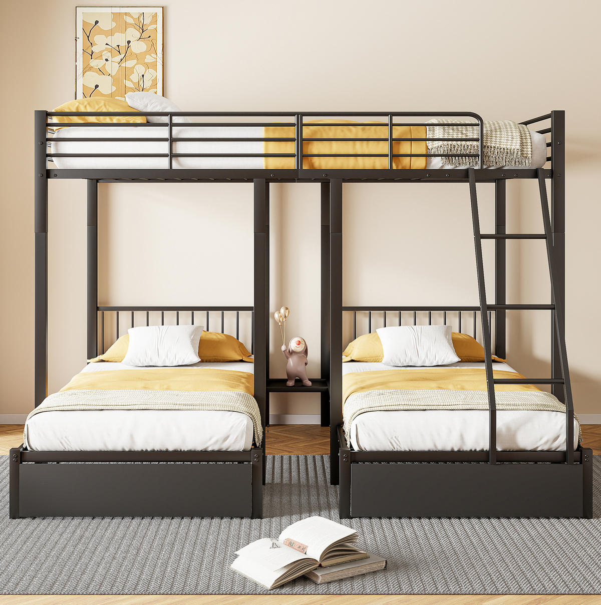 ETAGENBETT 140/200 cm & 2x 90/200 cm aus Metall mit Schubladen, teilbar - Schwarz, Metall (140/200cm) - BEAOK